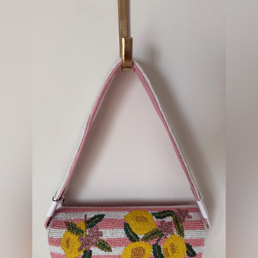Viral Beaded Lemon pink white striped Shoulder Bag - Picture 3 of 4
